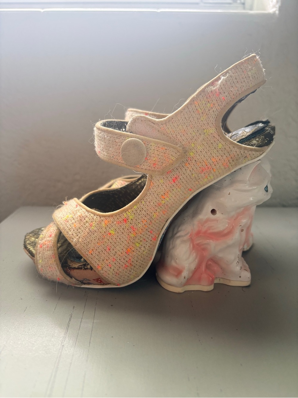 Irregular Choice Cream Knit Mary Jane Heels with Neon Speckle